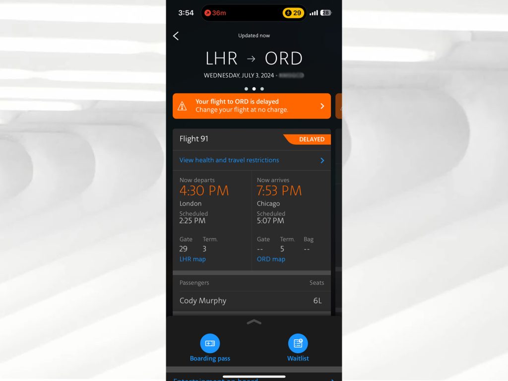 Delayed flight on AA from London to Chicago