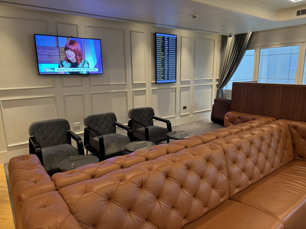 Second floor couch seating at the Qantas Lounge in London