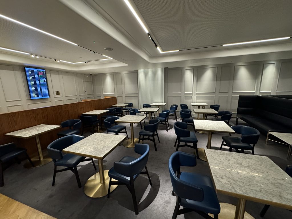 Dining area seating at the Qantas Lounge in London