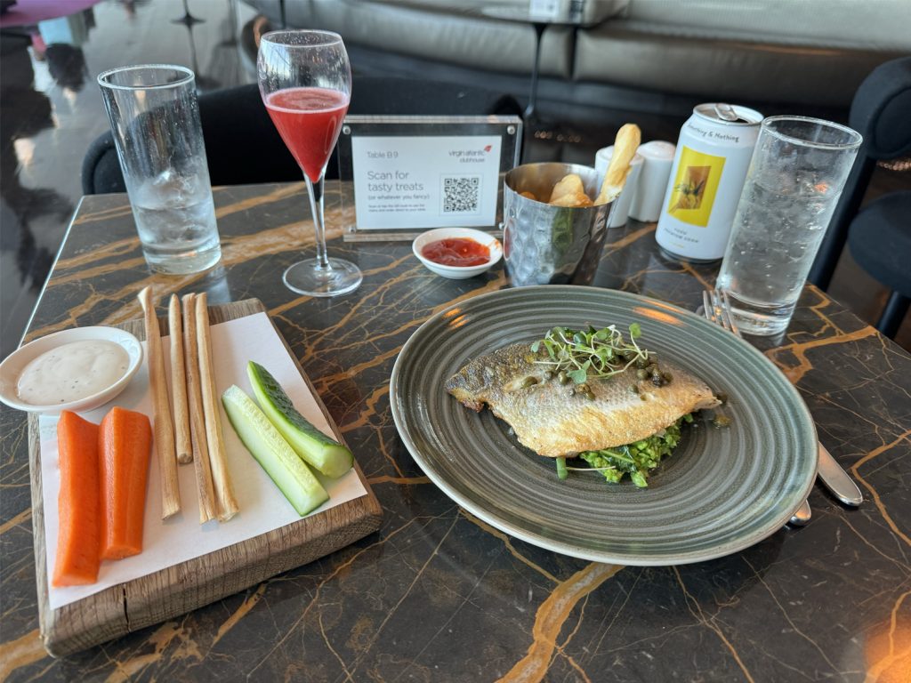 Seabass and veggies at the Virgin Atlantic Clubhouse