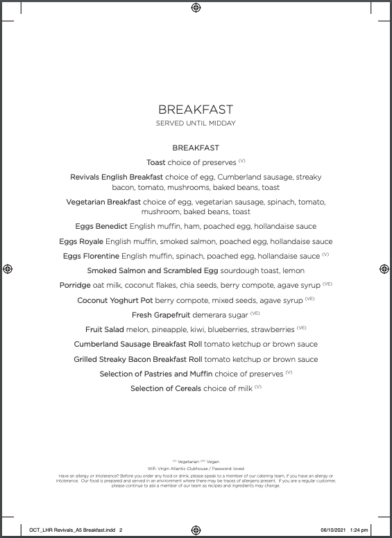 Virgin Revivals Lounge Breakfast Menu