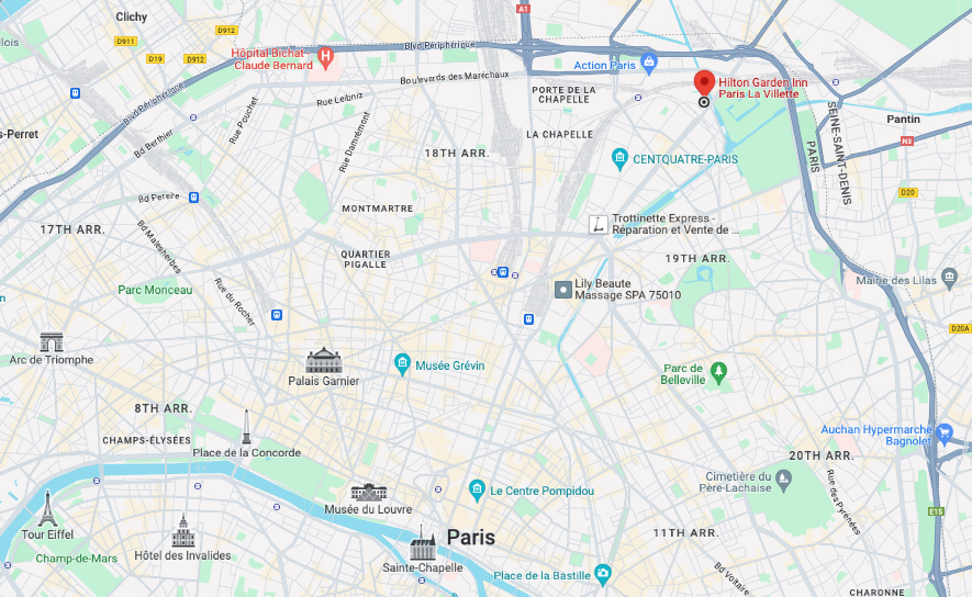 Map of Paris and Hilton Garden Inn La Villette