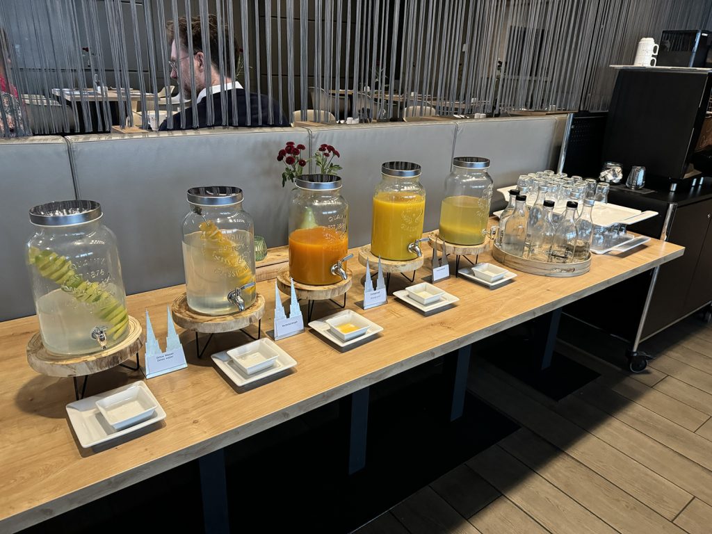 Water and juices for breakfast at Lindner Hotel Cologne City Plaza