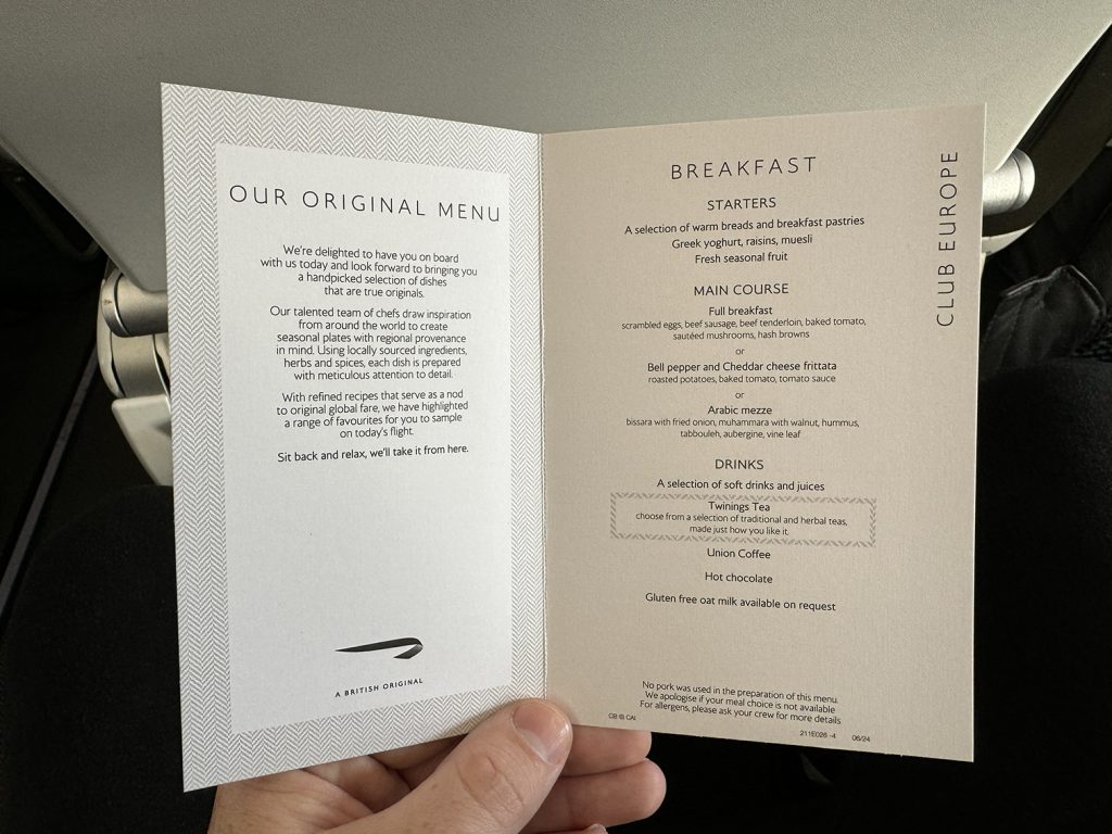 British Airways Club Europe breakfast menu