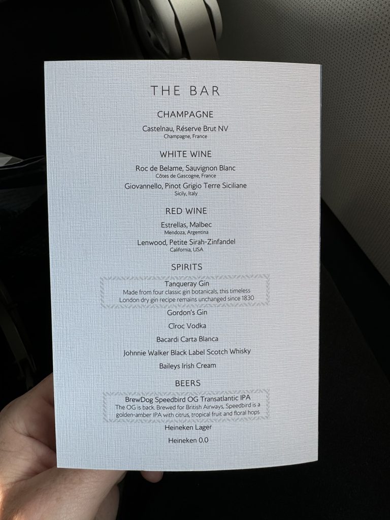 British Airways Club Europe drink menu