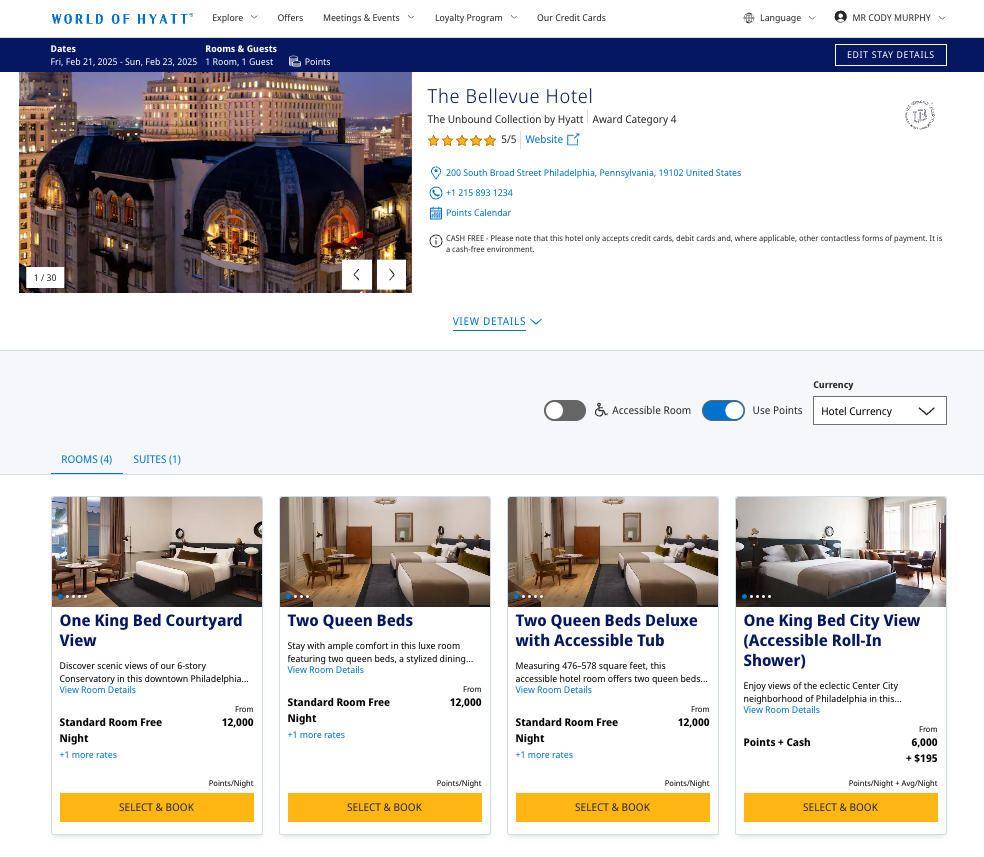 Screenshot of Hyatt.com for booking The Bellevue Hotel