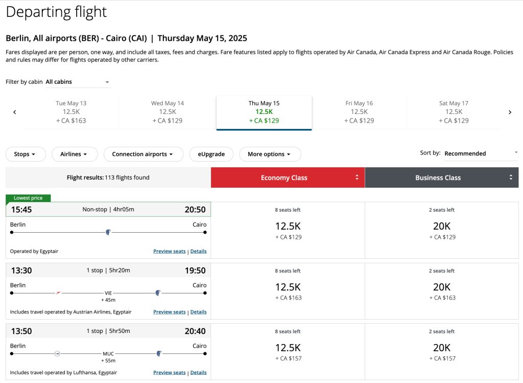 Cost to book EgyptAir with AirCanada points