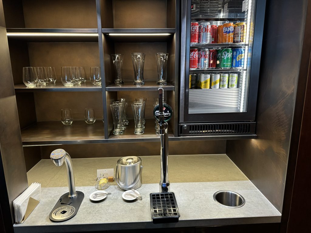 Soda and water station at the Cathay Pacific Business Lounge in London