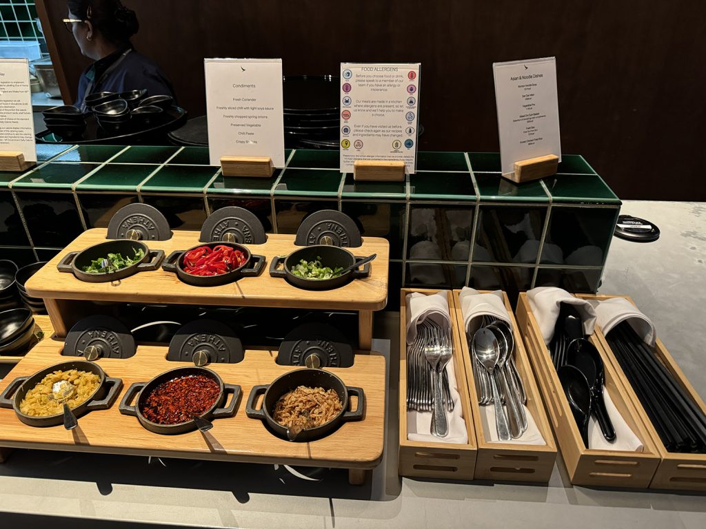 Condiment bar at the Cathay Pacific Business lounge in London