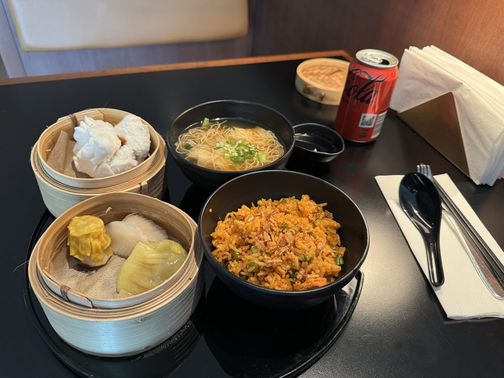 Noodle bar entrees at the Cathay Pacific Business Lounge in London