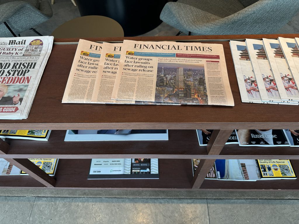 International newspapers at the Cathay Pacific Business Lounge in London